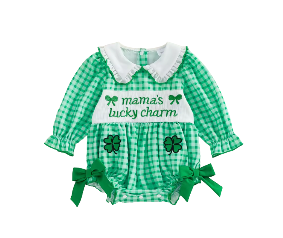 Smocked Mama's Lucky Charm Green Gingham Bow Romper