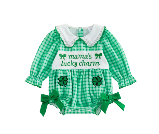 Smocked Mama's Lucky Charm Green Gingham Bow Romper