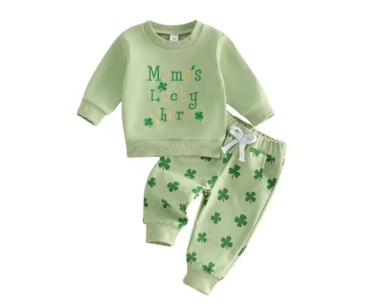 Green Embroidered Mama's Lucky Charm Lounge Set
