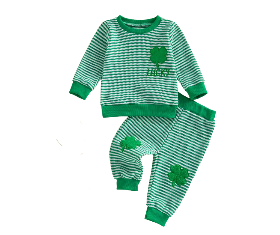 Embroidered Lucky Waffle Knit Striped Lounge Set