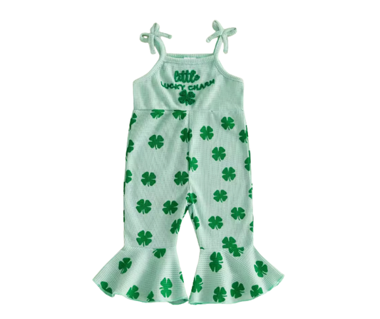 Green Waffle Knit Little Luck Charm Bell Jumpsuit
