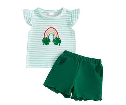 Embroidered Rainbow Striped Green Flutter Sleeve Short Set