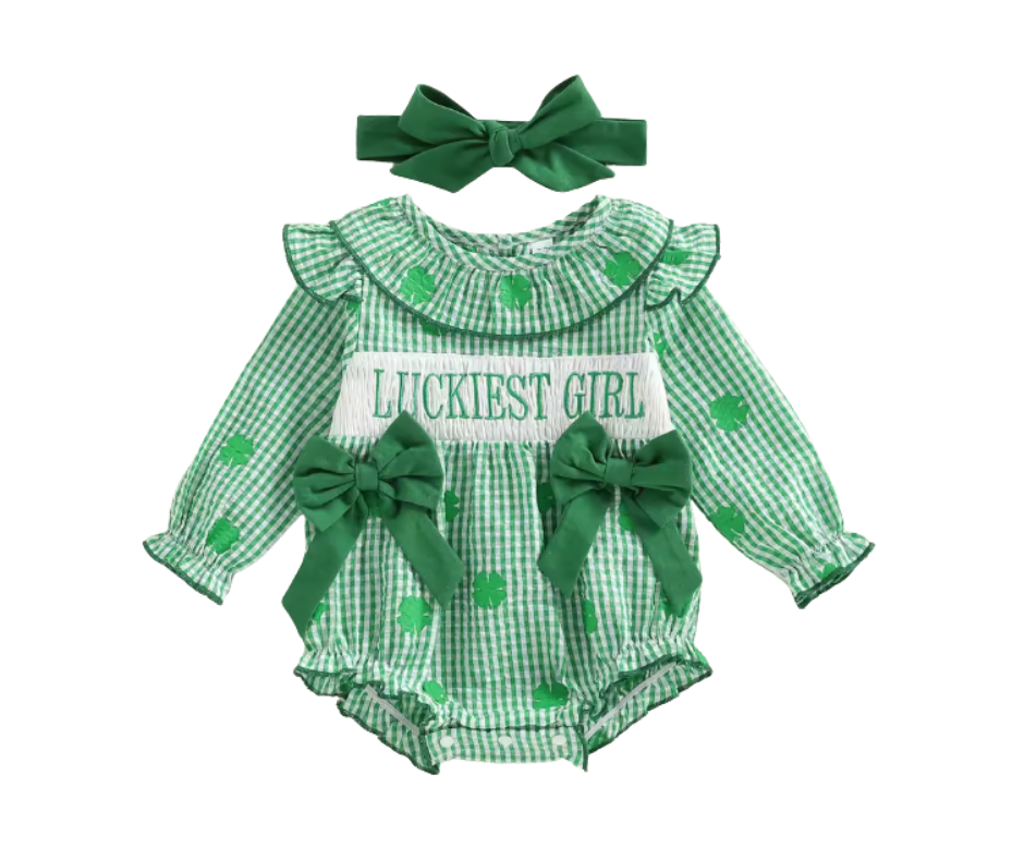 Luckiest Girl Green Bow Smocked Romper