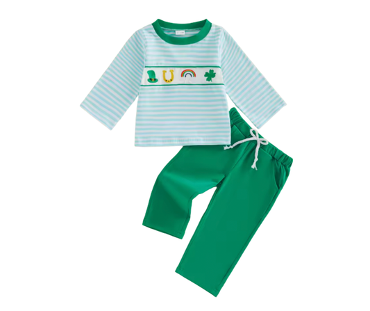 Embroidered Rainbow Shamrock Striped Pants Set