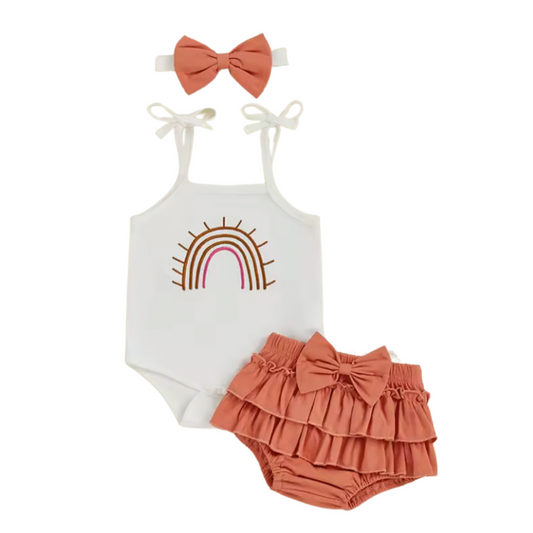 Embroidered Rainbow Rust Ruffle Short Set