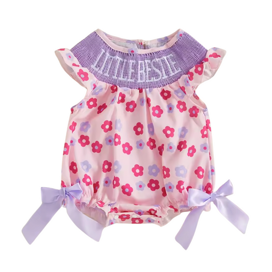 Little Bestie Pink and Purple Flower Smocked Romper