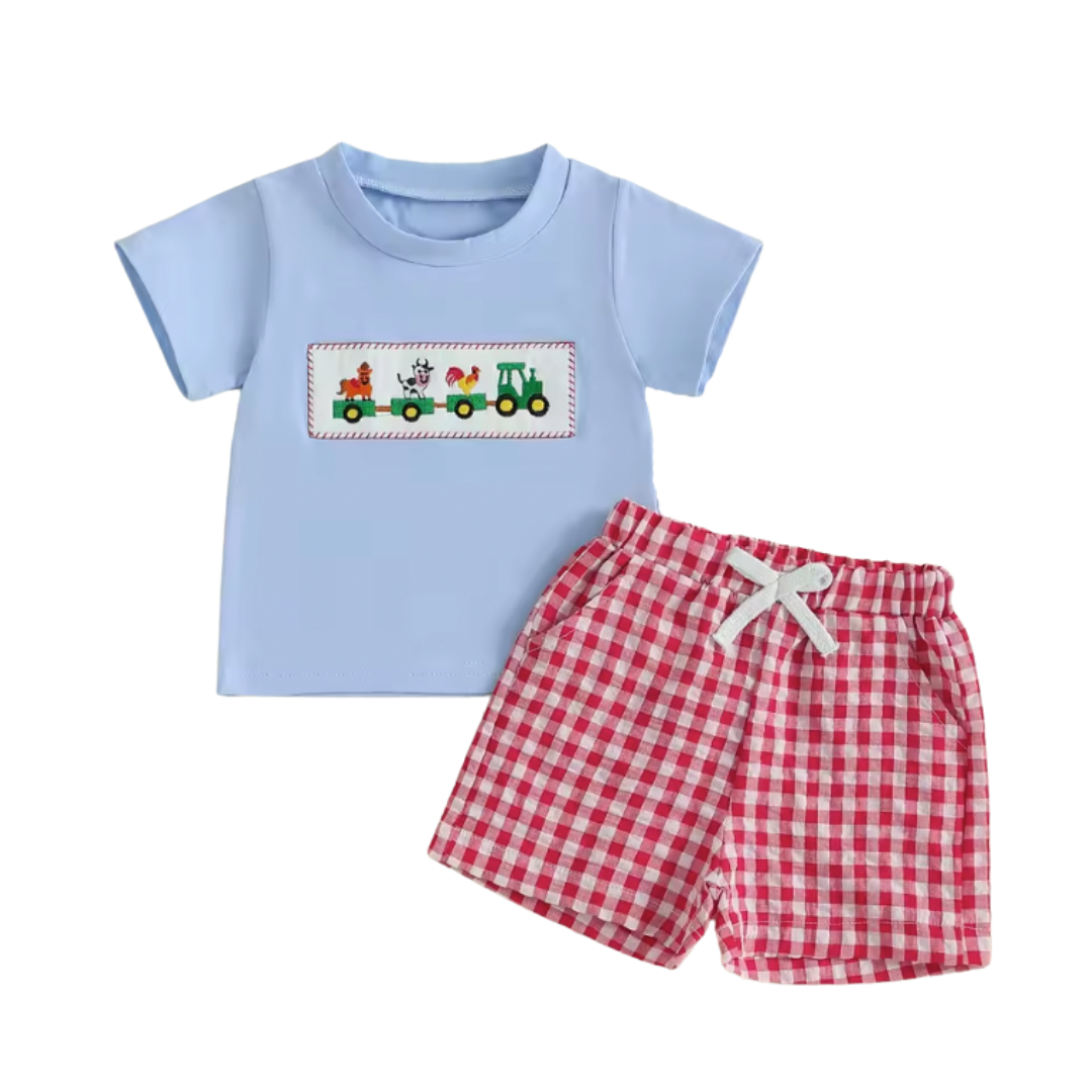 Embroidered Blue Farm Animal Gingham Short Set