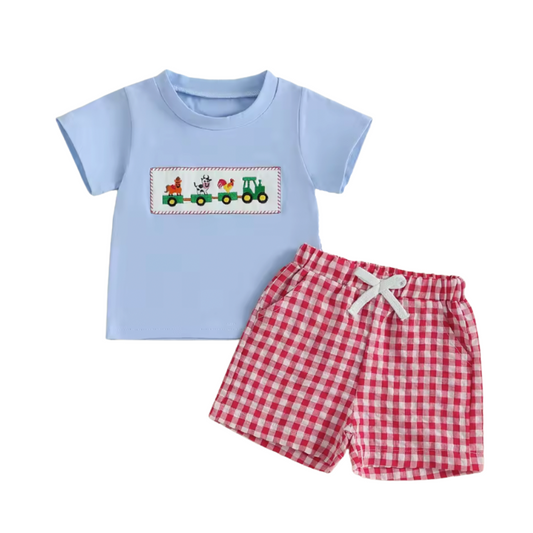 Embroidered Blue Farm Animal Gingham Short Set