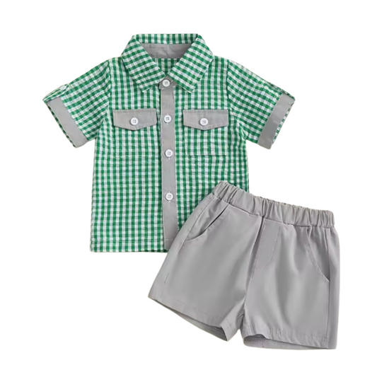 Green Gingham Collared Grey Short Set