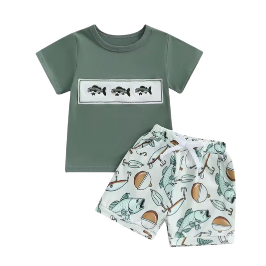 Green Fishing Embroidered Short Set