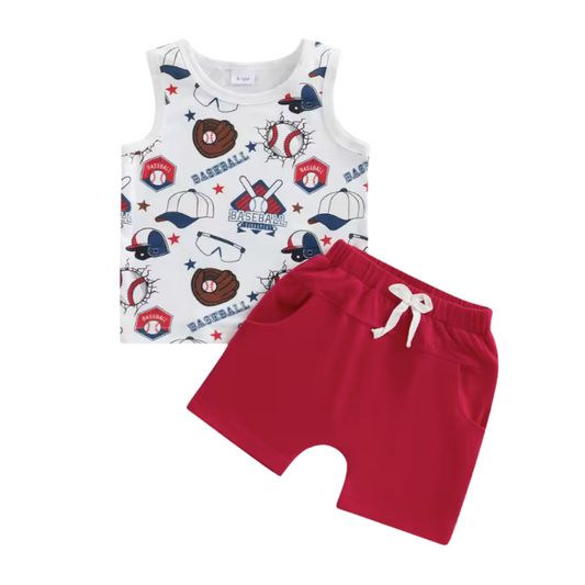 Baseball Print Tank Red Short Set