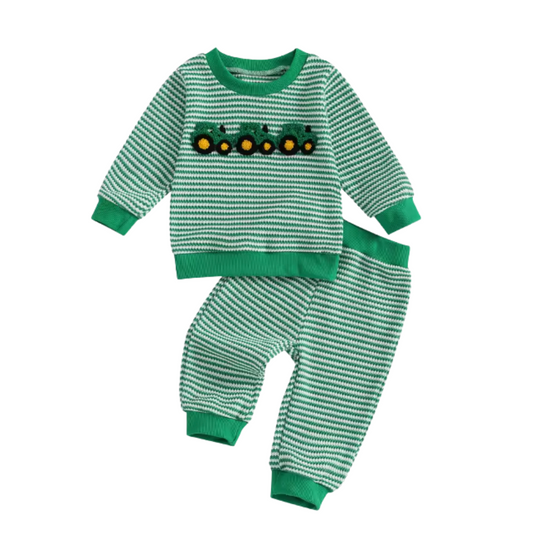 Green Striped Waffle Knit Tractor Lounge Set
