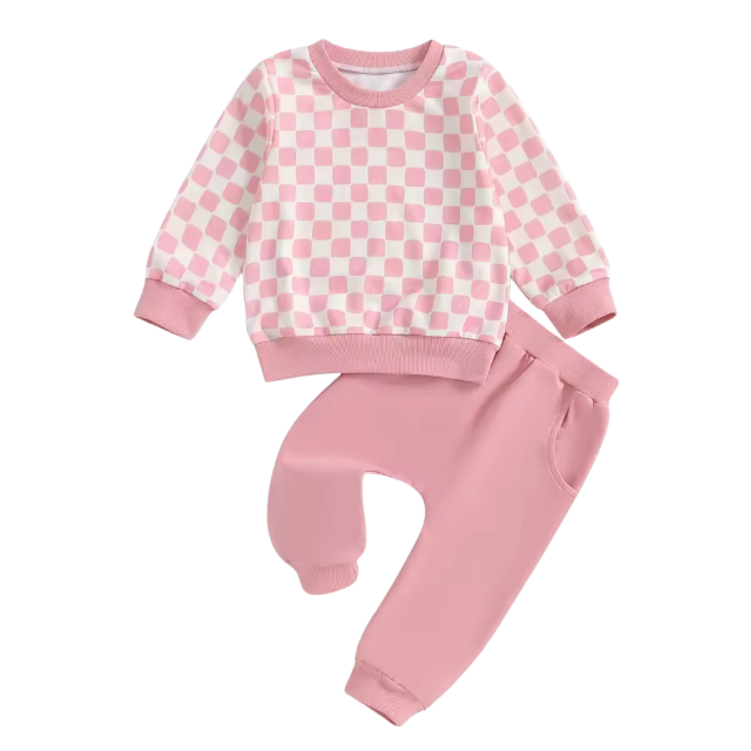 Pink Chex Solid Pant Lounge Set