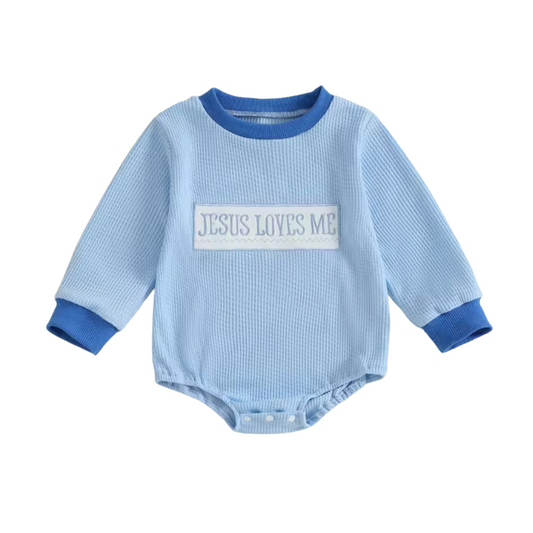 Blue Embroidered Jesus Loves Me Bubble Romper