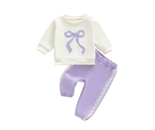 Purple Embroidered Bow Lace Lounge Set